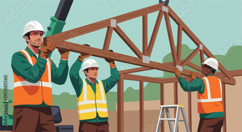 Three construction workers lift a heavy wooden roof truss at a building site