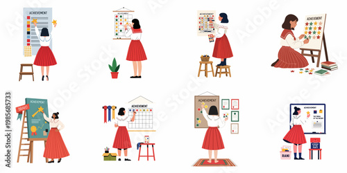 Collection of flat illustrations showing a schoolgirl tracking academic progress and achievements with stars, charts, awards, and certificates in various school settings.
