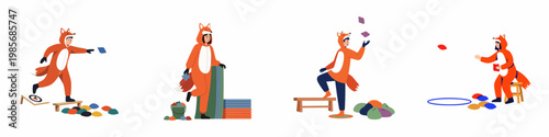 Set of characters in fox costumes playing games like bean bag toss, balancing, and juggling in a flat vector illustration style.