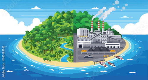 Split illustration of a lush green island transitioning into an industrial plant