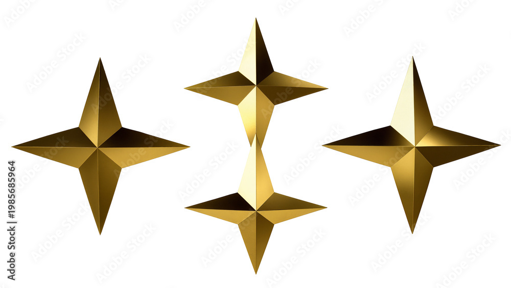 Obraz premium Four golden four-pointed stars arranged in a pattern, isolated on transparent background