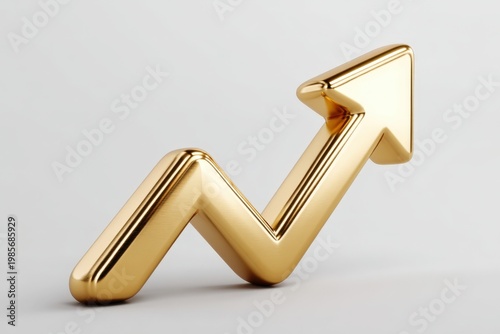 Shiny golden zigzag arrow pointing upward on a light background symbolizing growth and success