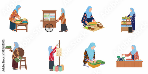 Set of illustrations depicting Indonesian Muslim women entrepreneurs selling traditional snacks and food in local markets, wearing hijabs and batik clothing.