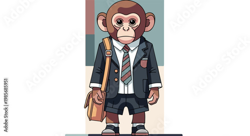 An illustration of a cartoon monkey dressed as a schoolboy carrying a satchel