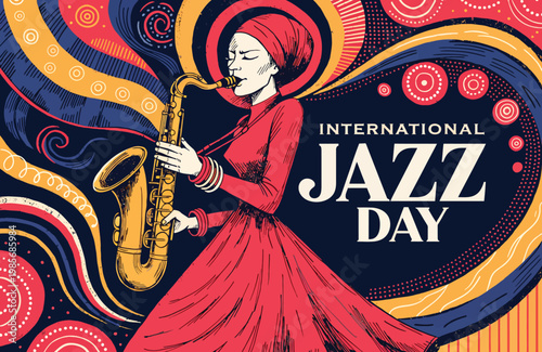 International Jazz Day Poster Featuring Female Saxophonist in Red Dress Playing Saxophone

