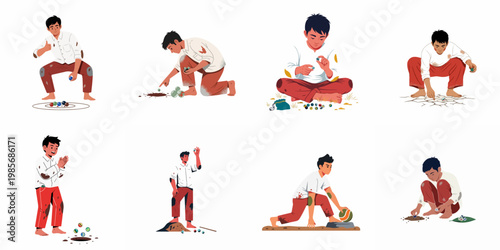 Vector illustrations of a young boy in worn clothes playing traditional marble games in different poses, showcasing childhood street games.