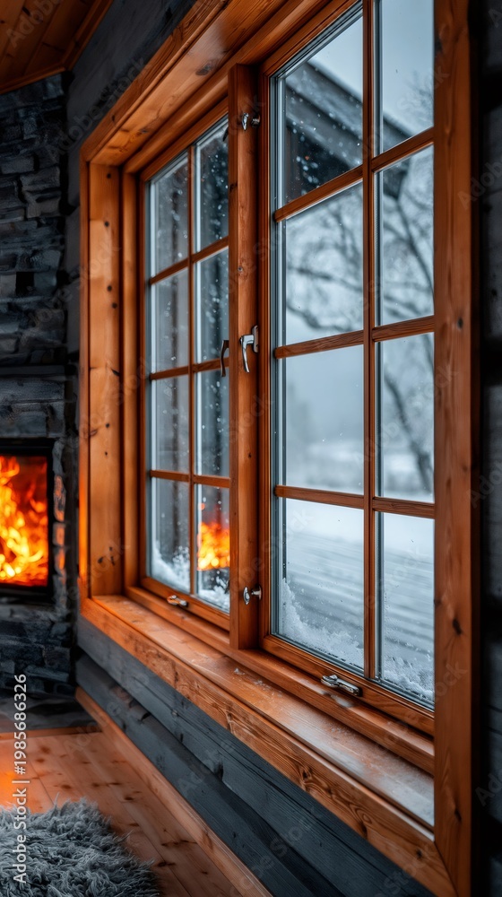 Obraz premium Cozy cabin interior with snow falling outside window and fireplace