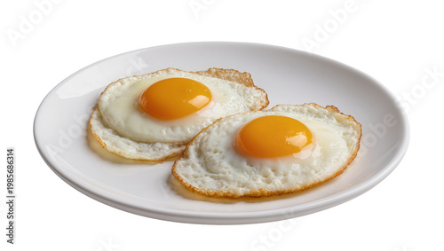 Fényképezés Two perfectly fried eggs with bright yellow yolks on a white plate, isolated on