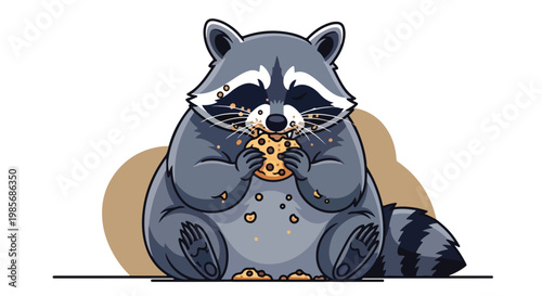 A cute, chubby cartoon raccoon happily eating a delicious chocolate chip cookie