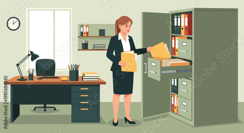 A businesswoman in a suit organizes paperwork inside a file cabinet at an office