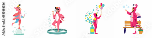 Set of illustrations featuring a child in a pink flamingo costume playing with bubbles and balloons in various playful scenes.