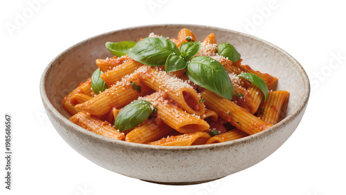 Fotografía Penne pasta with tomato sauce and basil leaves sprinkled with parmesan cheese, i