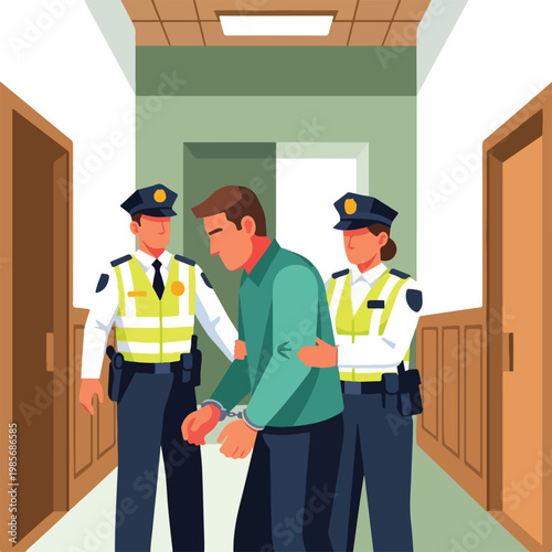 Two police officers escorting a man in handcuffs through a building hallway