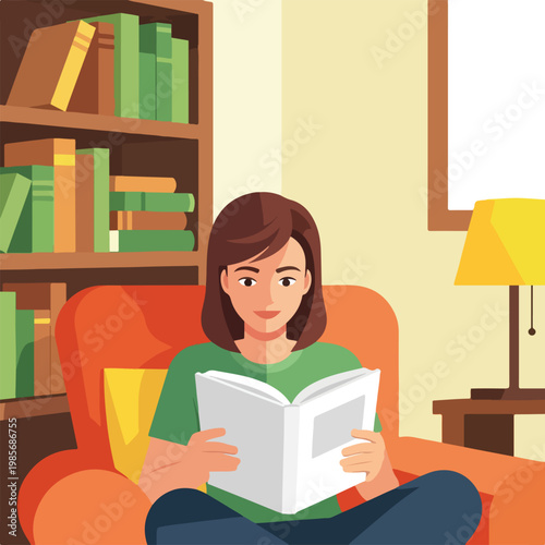 A young woman sitting in a comfy orange chair and reading a book in a library