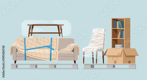 Household furniture packed and wrapped for moving on wooden transport pallets