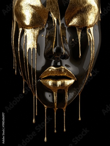 Black mannequin face with dripping molten gold over eyes and lips on dark background