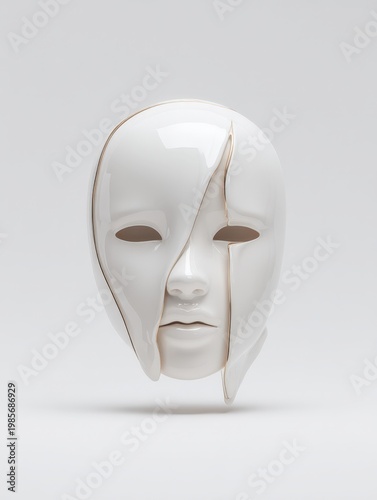 White glossy fragmented mask with serene human face floating on a light gray background