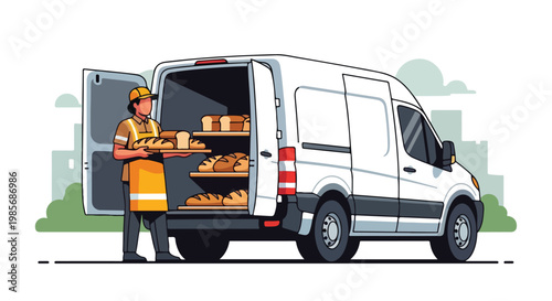 A delivery driver in uniform unloads fresh loaves of bread from a cargo white van