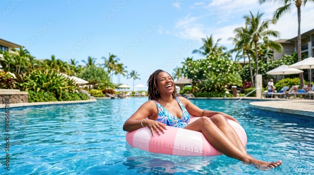 Fototapeta premium Joyful woman laughing while floating on a pink tube in a tropical resort pool