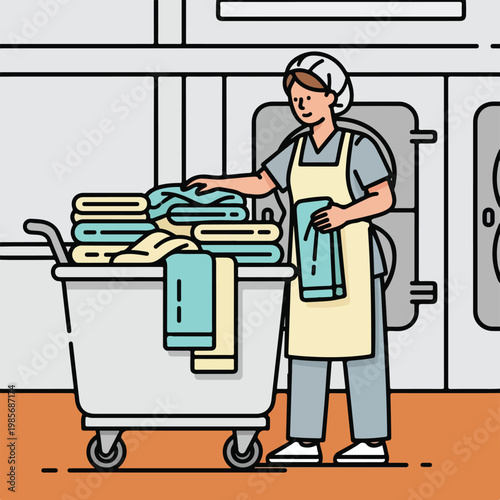 A professional worker in a laundry facility organizing fresh folded linens