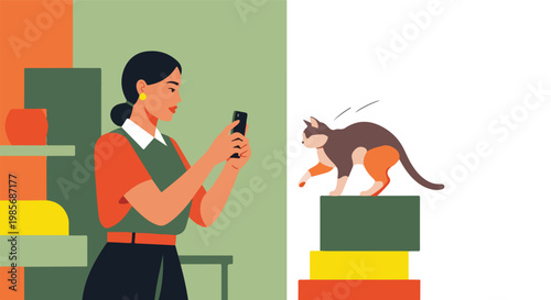 A woman uses a smartphone to take a photograph of a cute cat on stacked boxes