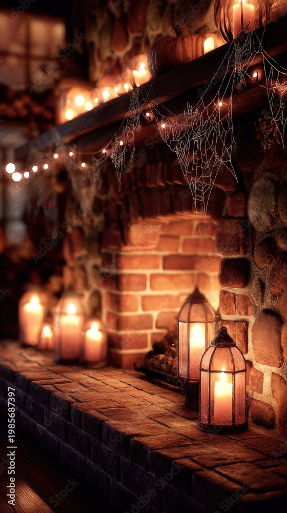 Obraz premium Cozy brick fireplace decorated with candles lanterns cobwebs and string lights creating a warm rustic Halloween atmosphere