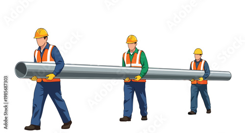 Three construction workers in safety gear carry a long metal pipe on white