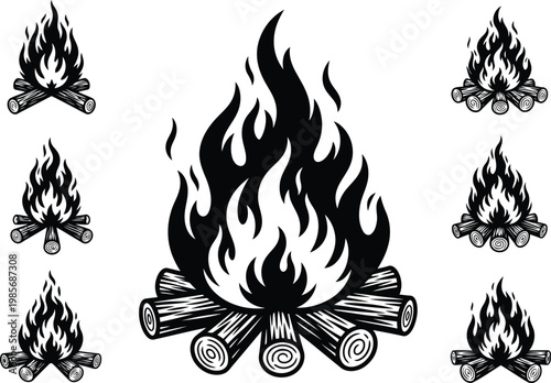 Collection of black and white campfire and bonfire illustrations