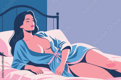 Vector A Beautiful Woman Lying on the Bed in the Room Illustration Creative Design Template 