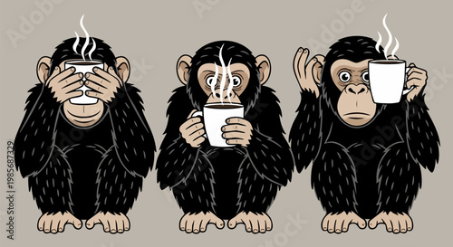 Three wise monkeys with coffee mugs, humorous chimpanzee parody of see no evil speak no evil hear no evil, funny primate vector illustration