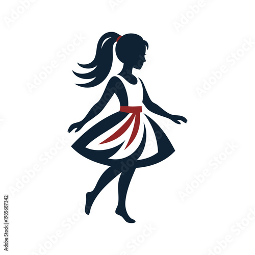 Logotipo de boutique de moda femenina. Dibujo minimalista con una chica andando con un peinado de cola de caballo con un vestido con cintas