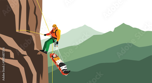 Rescuer lowering an injured person in a stretcher down a steep mountain cliff