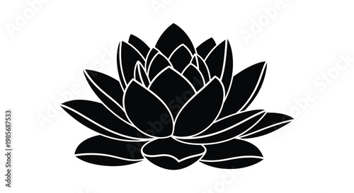 A striking black floral design showcases a blossoming lotus flower presented as a detailed silhouette high quality professional