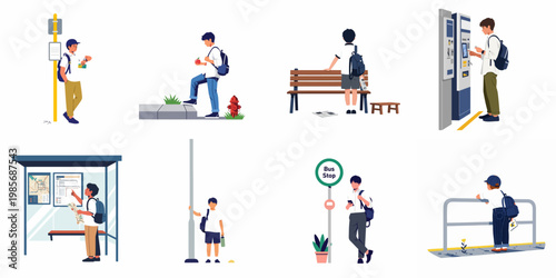 Vector illustration set of schoolboys and students commuting, waiting at bus stops, using ticket machines, and navigating urban environments.