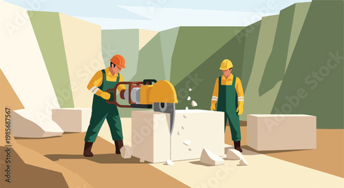 Workers cutting a large stone block using a circular saw in an open stone quarry