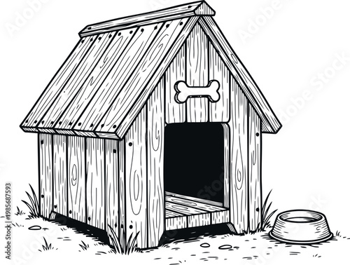 Rustic wooden dog house with bone detail and water bowl