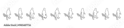 Walking People Outline Vector Set, Side Elevation Thin Line Pedestrian Figures for Architectural Documentation, Urban Scene Design, Minimalist Wireframe Style