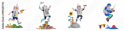Set of creative children playing in homemade cardboard robot costumes, exploring, jumping, and having fun in various imaginative scenarios.