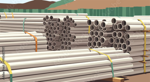 A large stack of industrial white plastic pipes bound by colorful nylon straps
