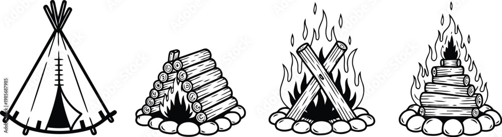 Fototapeta premium Hand drawn illustrations of tents and campfires in a row