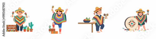 Set of cute children in traditional Mexican costumes, wearing sombreros and ponchos, playing musical instruments like maracas and drums in a festive celebration.