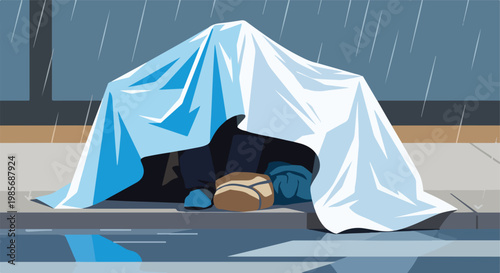 A homeless person sitting on a sidewalk hidden under a white sheet in the rain