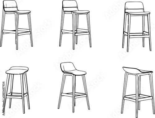 Sketch collection of six different modern bar stool designs