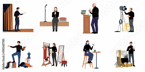 Diverse set of illustrations depicting creative professionals in the theater and film industry, featuring actors, directors, designers, and production crew members.