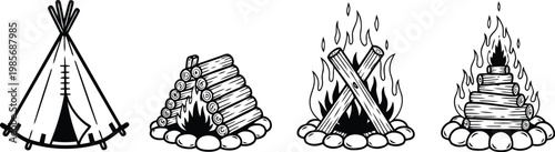 Hand drawn illustrations of tents and campfires in a row