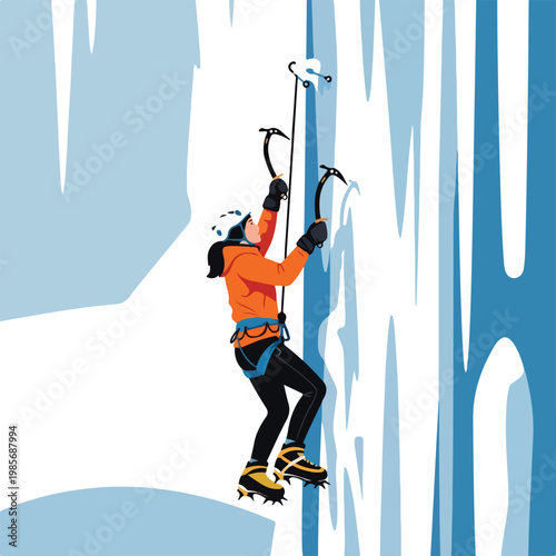 Woman climbing a steep frozen ice wall using specialized tools and safety gear