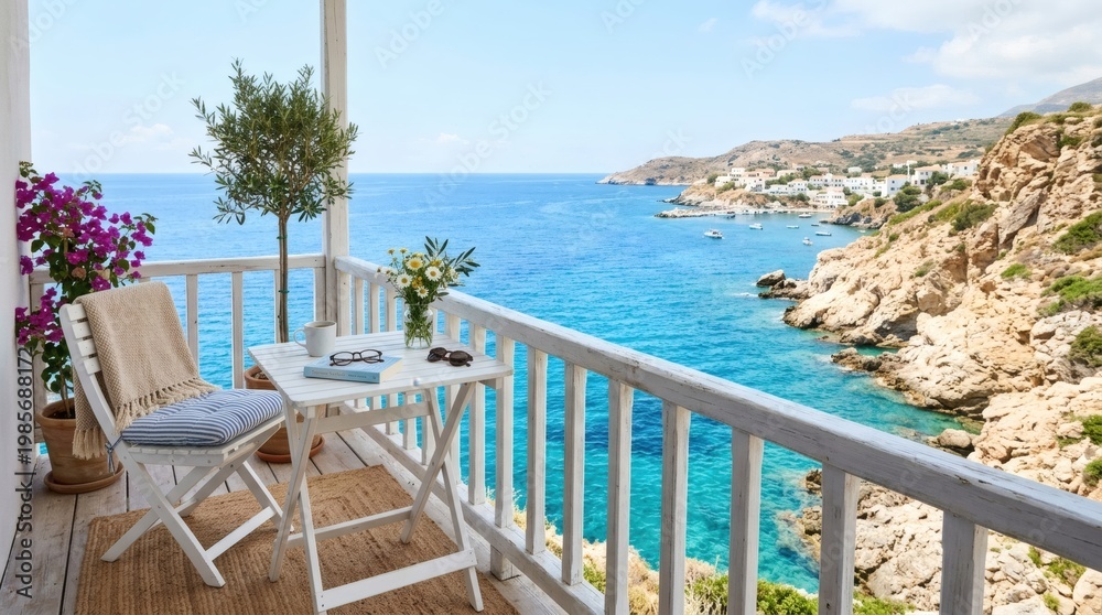 Obraz premium Idyllic balcony view overlooking a Mediterranean village and turquoise sea