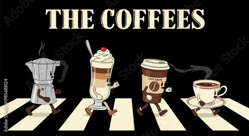 Vintage coffee characters crossing street parody vector, retro cartoon coffee drinks walking on zebra crossing, funny cafe mascot illustration