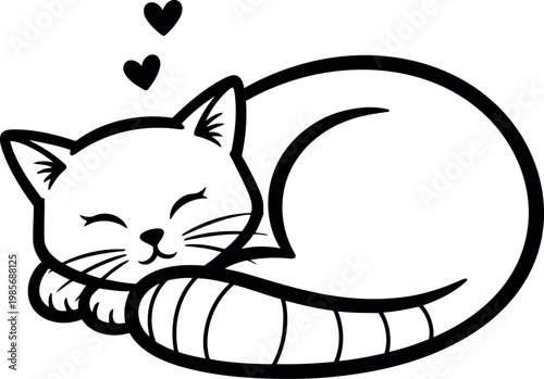Adorable cartoon cat sleeping peacefully curled up with hearts