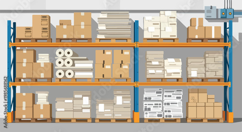 Warehouse shelves filled with stacked cardboard boxes and pallets of paper goods